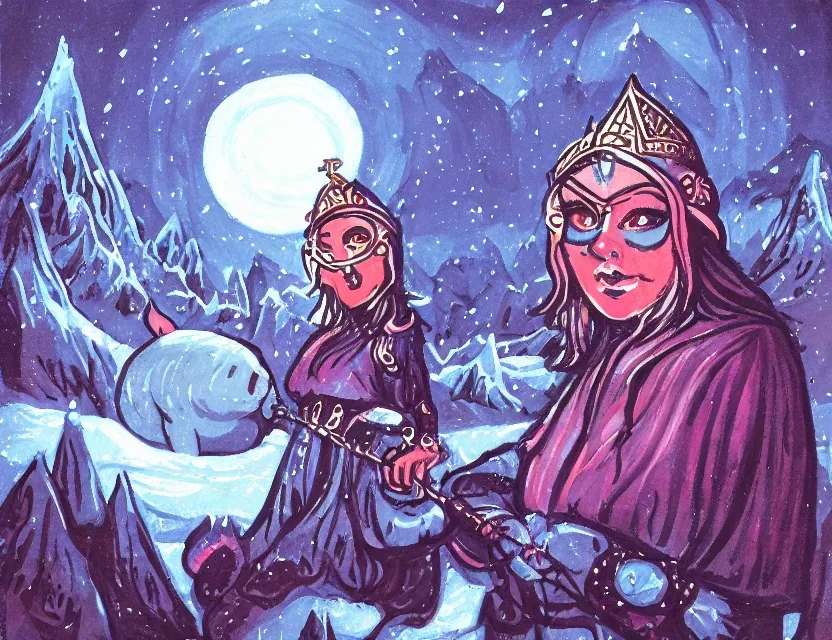 Prompt: pig priestess of the icy mountains. gouache painting by indie comic book artist, chiaroscuro, bokeh, backlighting, field of depth