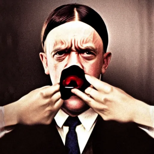 Image similar to photo of adolf hitler pointing a gun to his mouth while crying, before suicide, in the style of martin schoeller