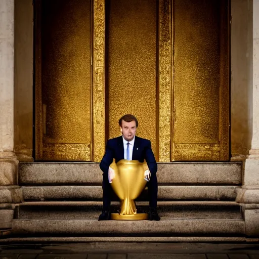 Prompt: emmanuel macron is sitting on the golden loo, detailed photography, 5 0 mm lens,