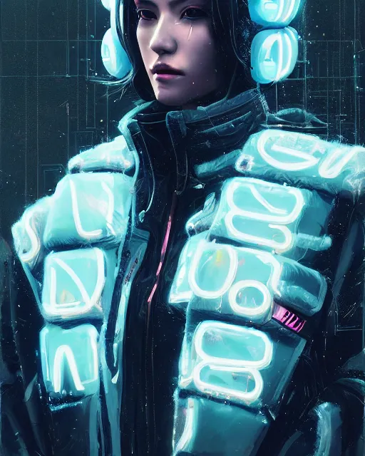 Prompt: detailed portrait queen neon operator girl, cyberpunk futuristic neon, reflective puffy coat, decorated with traditional japanese ornaments by ismail inceoglu dragan bibin hans thoma greg rutkowski alexandros pyromallis nekro rene maritte illustrated, perfect face, fine details, realistic shaded, fine - face, pretty face