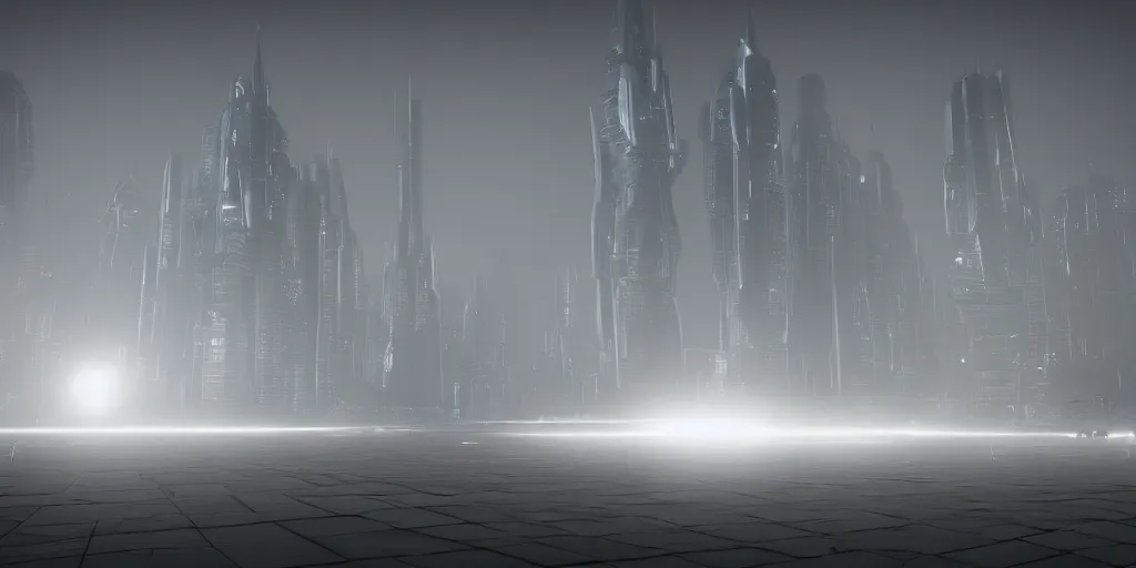 Image similar to a low poly object of a futuristic city, thick fog, elegant, moody, unreal engine