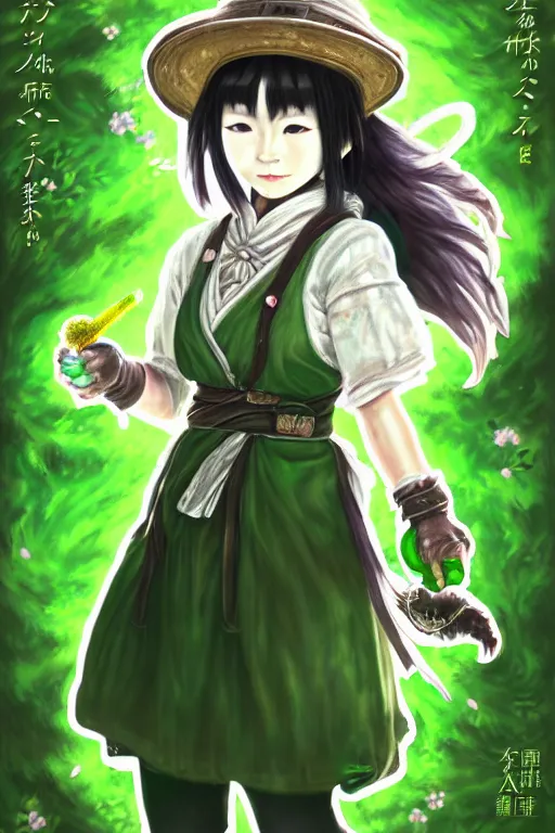 Prompt: a portrait of japanese girl farmer wearing green dress, magic potion, silver magic, fantasy, dungeons and dragons, an ultrafine detailed painting, chibi, detailed painting, boris valejo. octopath traveler decal!!!