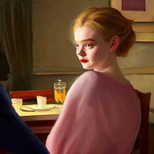 Image similar to Elle Fanning at a diner, head and shoulders portrait, stormy weather, extremely detailed masterpiece, Roger Deakin’s cinematography, oil on canvas, Edward Hopper,