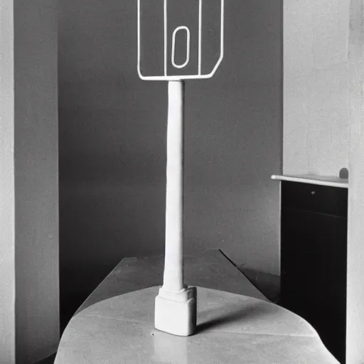 Prompt: a single readymade named Bottle Rack by Marcel Duchamp, banal object on a pedestal, historical archive, wide angle studio shoot, 1971