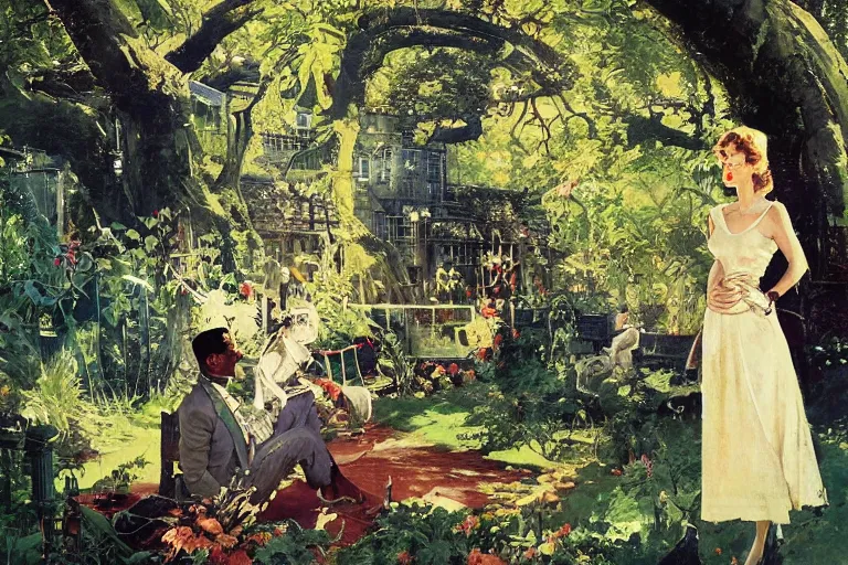 Image similar to 5 0 s pulp illustration of elegant black woman watching spacecraft land in garden of english country mansion, baobab trees, painted by norman rockwell, jack kirby, john berkey, bergey, craig mullins, ruan jia, raymond swanland, jeremy mann, tom lovell, morgan weistling, carl spitzweg