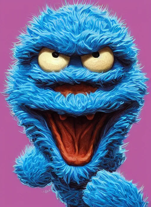 Image similar to portrait of Deliriously happy Cookie Monster in Society (1989), intricate, highly detailed, centered, solid color background, digital painting, artstation, concept art, smooth, sharp focus, illustration, artgerm, donato giancola, Joseph Christian Leyendecker, WLOP, Artgerm