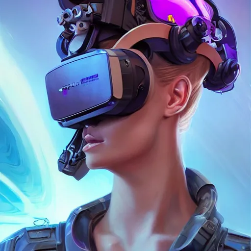 Image similar to portrait of a beautiful cybernetic tankgirl wearing an oculus rift headset, cyberpunk concept art by pete mohrbacher and artgerm and wlop and deathburger and syd mead, digital art, highly detailed, intricate, sci-fi, neon colors, sharp focus, Trending on Artstation HQ, deviantart, unreal engine 5, 4K UHD image