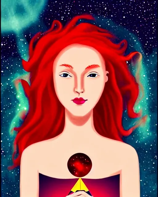 Image similar to tarot card of space astral girl, red hair, ginger hair, fantasy, glowing skin, smooth face, perfect eyes