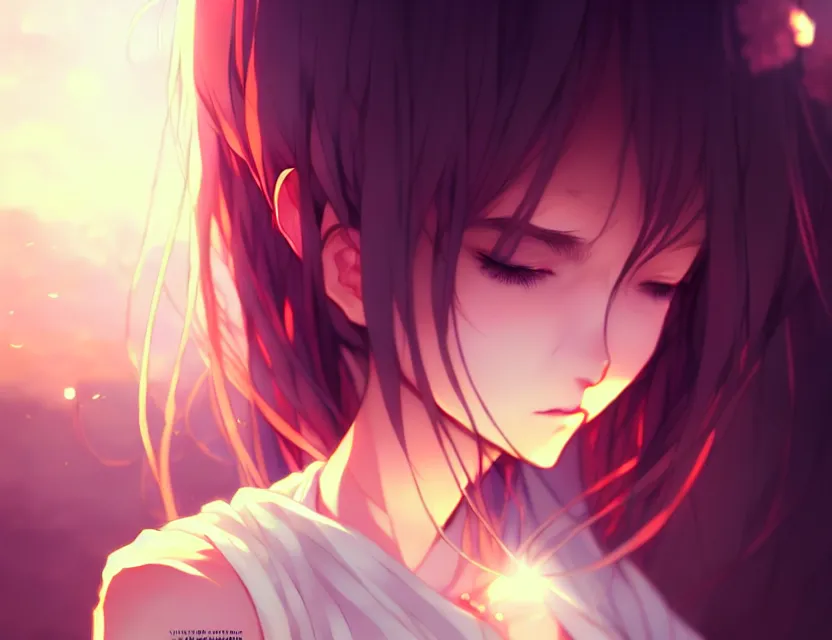 Prompt: the light of the ages rests of her shoulders, and her eyes are filled with sadness, by nashimanga, anime illustration, anime key visual, beautiful anime - style digital painting by wlop, amazing wallpaper