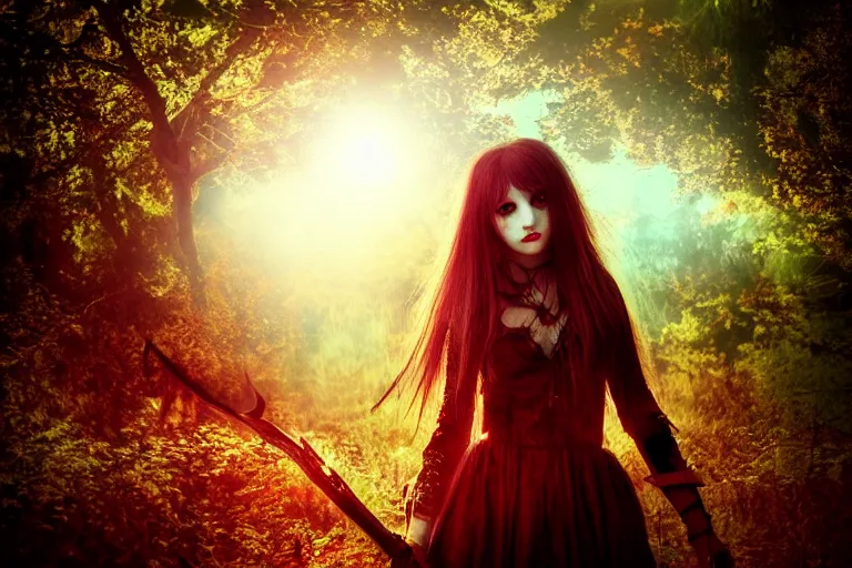 Image similar to girl blood, fantasy, dark, ultra realistic!!!, hdr, clear weather, golden hour, sharp focus