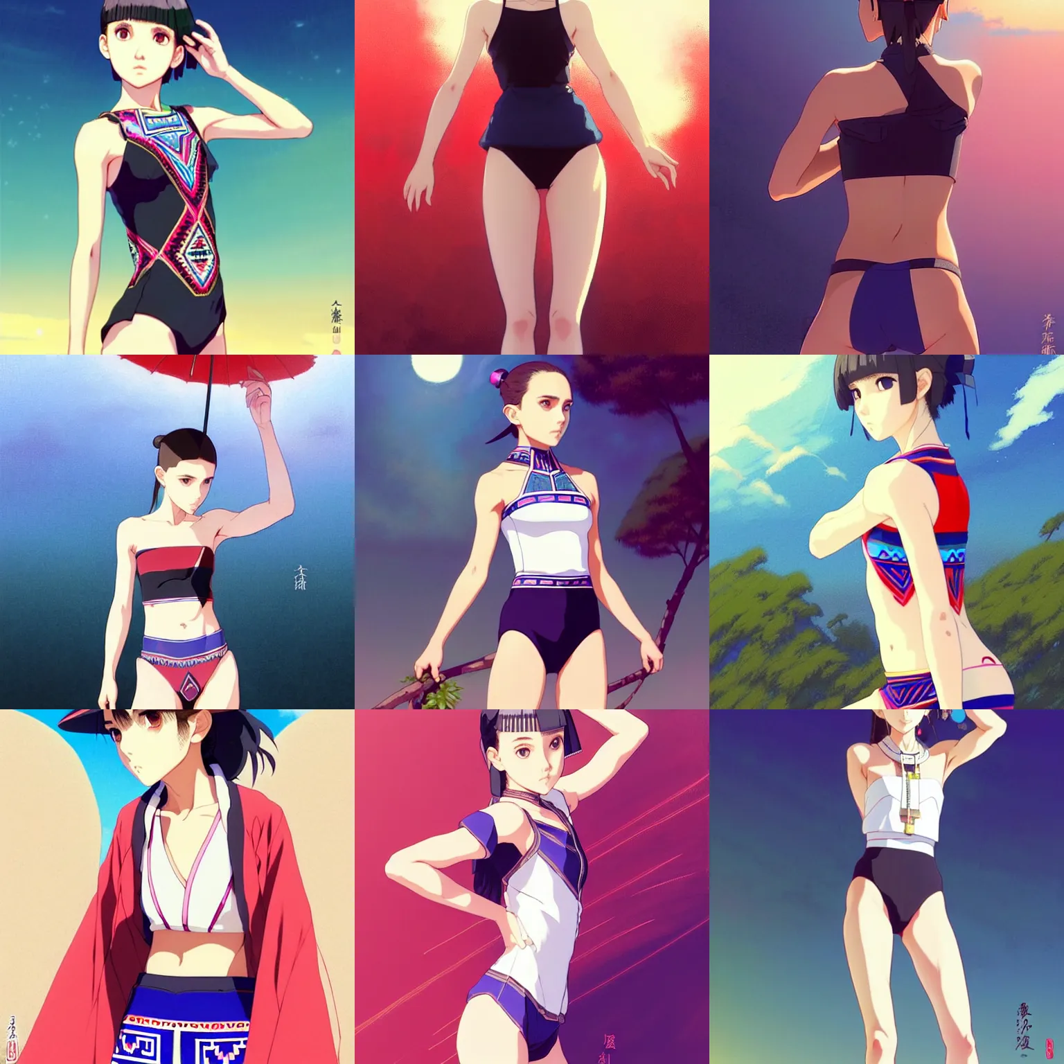 Prompt: a beautiful boyish natalie portman alluring instagram model, wearing elegant japanese hiphop leotard outfit with subtle mayan patterns and native fashion, aztec street fashion bathing suit, jrpg fashion, gapmoe yandere grimdark, trending on pixiv fanbox, painted by greg rutkowski makoto shinkai takashi takeuchi studio ghibli, akihiko yoshida