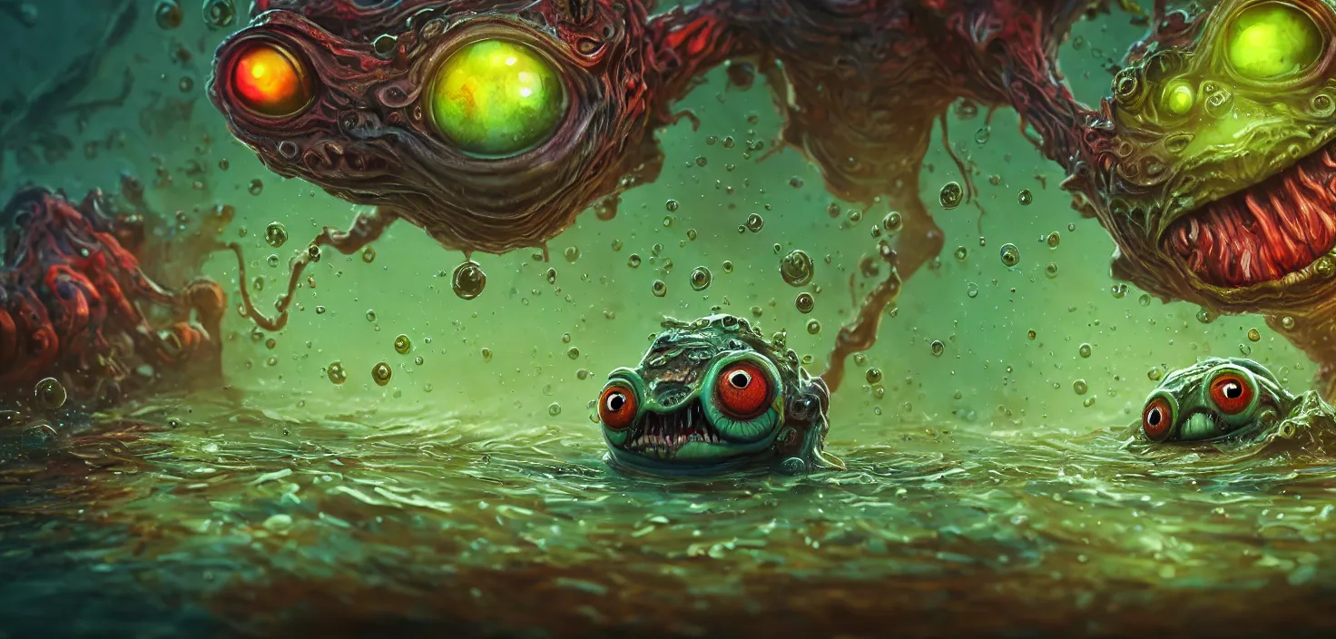 Prompt: intricate colourful murky with strange cute friendly angry crazy creatures tadpole with huge eyes long tongue triangle teeth and scary face appearing from the water, in the style of craola, macro lens, shallow depth of field, highly detailed, digital painting, trending artstation, concept art, illustration, cinematic lighting, vibrant colors, photorealism, epic, octane render