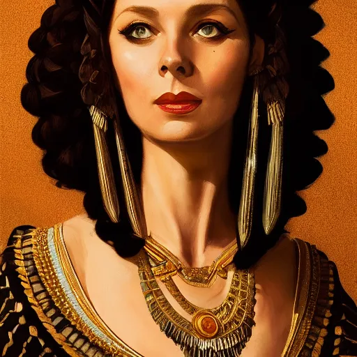 Prompt: closeup portrait of a young vivian leigh as cleopatra, palace background, dramatic light, gorgeous view, depth, high detail, digital art, painted by greg rutkowski, trending on artstation