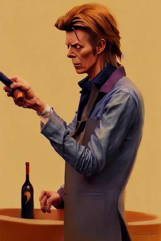 Prompt: david bowie 1 9 7 3 working in a winery, animation pixar style, by magali villeneuve, artgerm, jeremy lipkin and michael garmash, rob rey and kentaro miura style, golden ratio, trending on art station