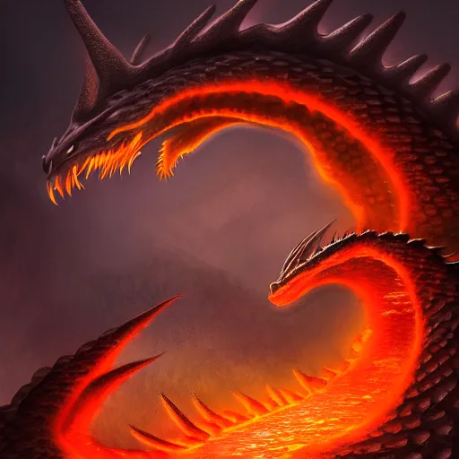 Prompt: commission of a beautiful digital painting of a feminine female dragon dragoness scaled scales horns wings tail feral bathing wading in lava molten pool, atmospheric lighting, concept art, detailed, furaffinity, trending on artstation