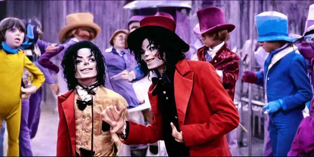 Image similar to Michael Jackson playing willy wonka in a warner bros movie, charlie and the choclate factory ultra realistic, 4K, movie still, UHD, sharp, detailed, cinematic, render, modern