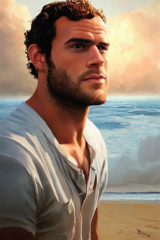 Prompt: herry cavill, attractive male, painting by rhads