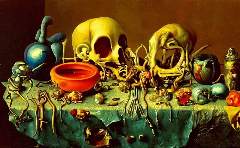 Image similar to disturbing colorful oil painting dutch golden age vanitas still life sparse composition with bizarre objects strange gooey transparent surfaces shiny metal reflections bizarre mutant meat insects rachel ruysch dali todd schorr very detailed perfect composition rule of thirds masterpiece canon 5 0 mm, cinematic lighting, photography, retro, film, kodachrome