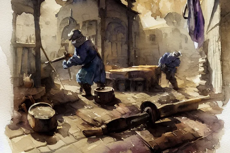 Prompt: small centered on watercolor paper, paint brush strokes, abstract watercolor painting of dirty medieval blacksmith with apron and hammer, anvil, furnace, cinematic light, national romanticism by hans dahl, by jesper ejsing, by anders zorn, by greg rutkowski, by greg manchess, by tyler edlin