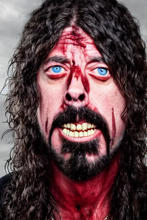 Prompt: Dave Grohl as satan with red skin and fiery eyes, ultra realistic, high definition portrait photograph