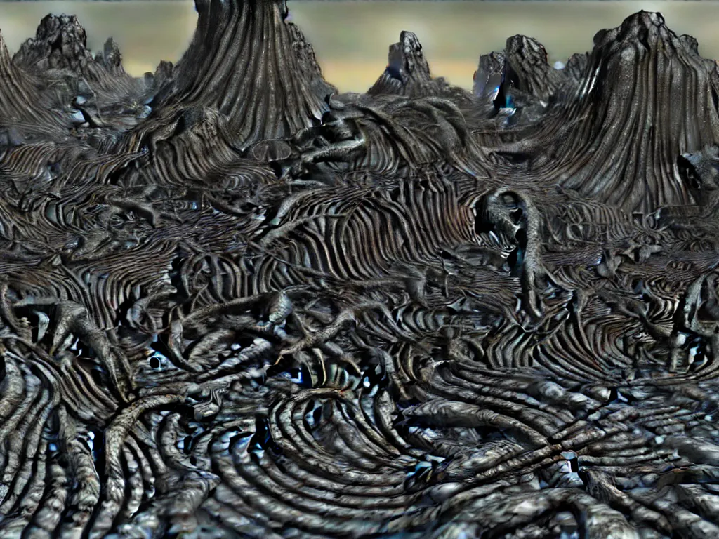 Image similar to hr giger landscape, neo surrealism, art by ernst haeckel and daniel martin diaz and mc escher, 8 k, unreal engine render