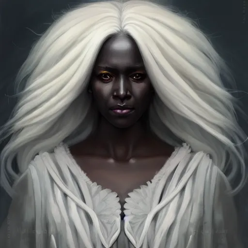 Image similar to a detailed matte oil on canvas head on symmetrical portrait of black skinned woman with long white hair, clothed by charlie bowater, lise deharme, wlop, trending on artstationhd, dungeons and dragons art critical role