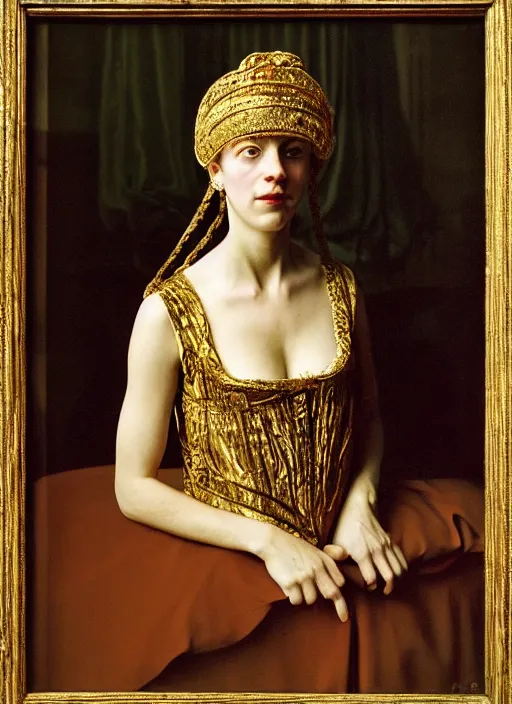 Image similar to portrait of young woman in renaissance dress and renaissance headdress, art by nan goldin