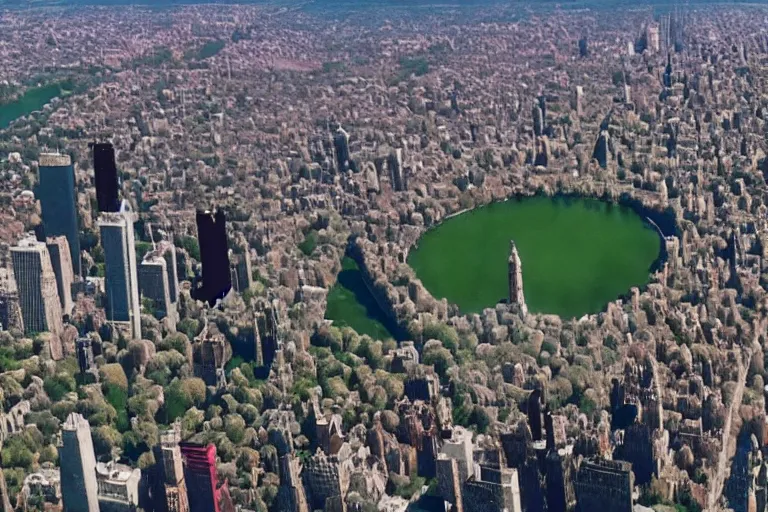 Image similar to Black hole over central park, recovered footage, cinematic, VFX