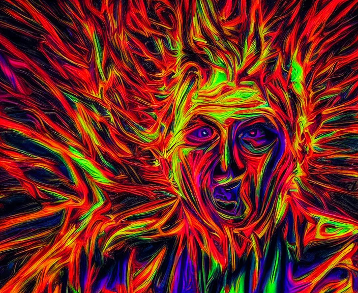 Prompt: psychedelic art with yeltsin, infernal art in good quality, scary picture in color, advanced lighting technology