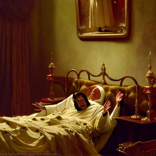 Image similar to the pope is in his bed, nervous and terrified, because a double horned shadow demon from hell lurks in the wallpaper of the bedroom. highly detailed painting by gaston bussiere, j. c. leyendecker, greg rutkowski, craig mullins 8 k