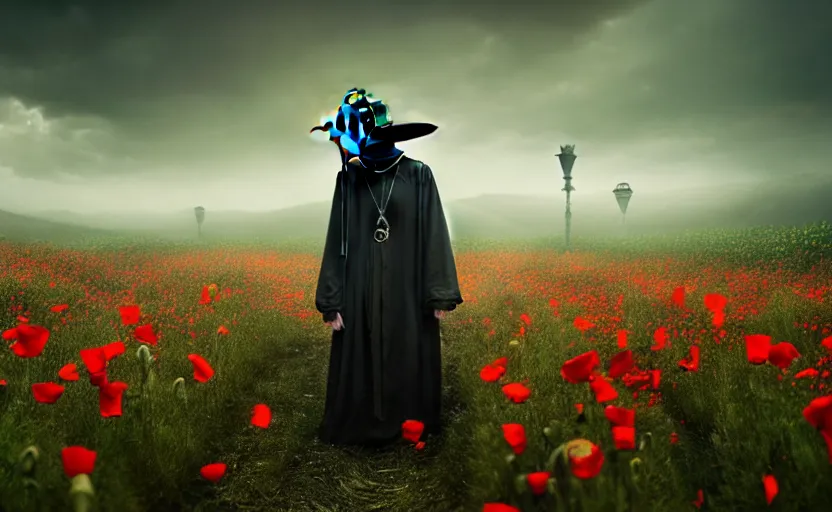 Prompt: an extremely disturbing horror photograph of a plague doctor in a field of opium poppies, hyperrealism, sharp focus, highly detailed, horror cgi 4 k, matte, octane render, cinematography, photo by professional photographer