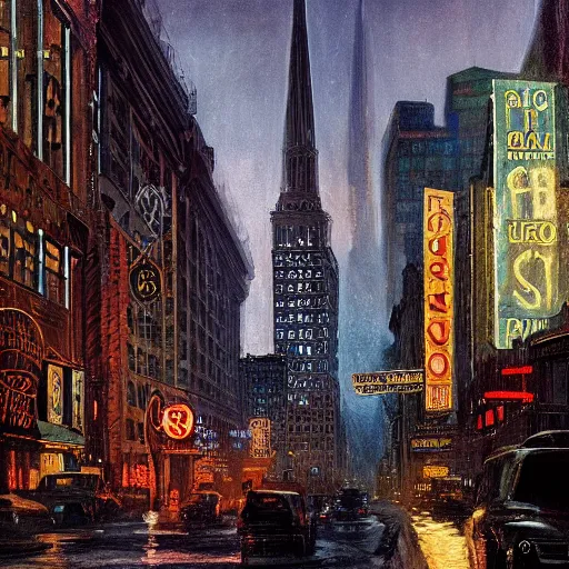 Image similar to muted color ultra realistic painting of 1 9 2 5 boston downtown at night in doctor strange's mirror dimension, dark, brooding, night, atmospheric, horror, cosmic, ultra - realistic, smooth, highly detailed in the style of clyde caldwell