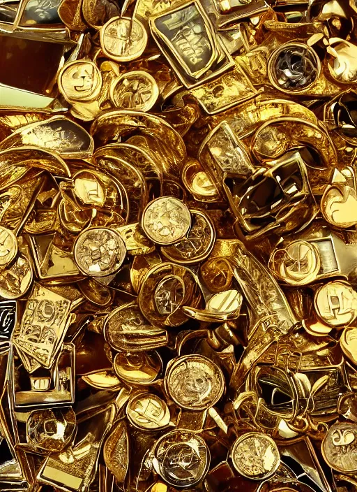 Prompt: relaxing in a comfortable pile of cash money gold jewelry treasure