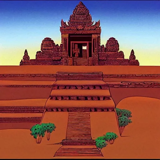 Prompt: desert khmer temple, legend of zelda windwalker landscape, flying mythical beasts, by Roger Dean and by Moebius