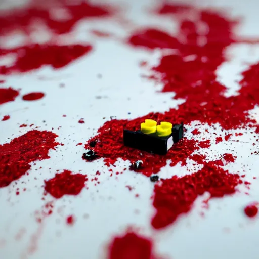 Image similar to photo of a lego set splattered with blood, shiny dark red blood splatter