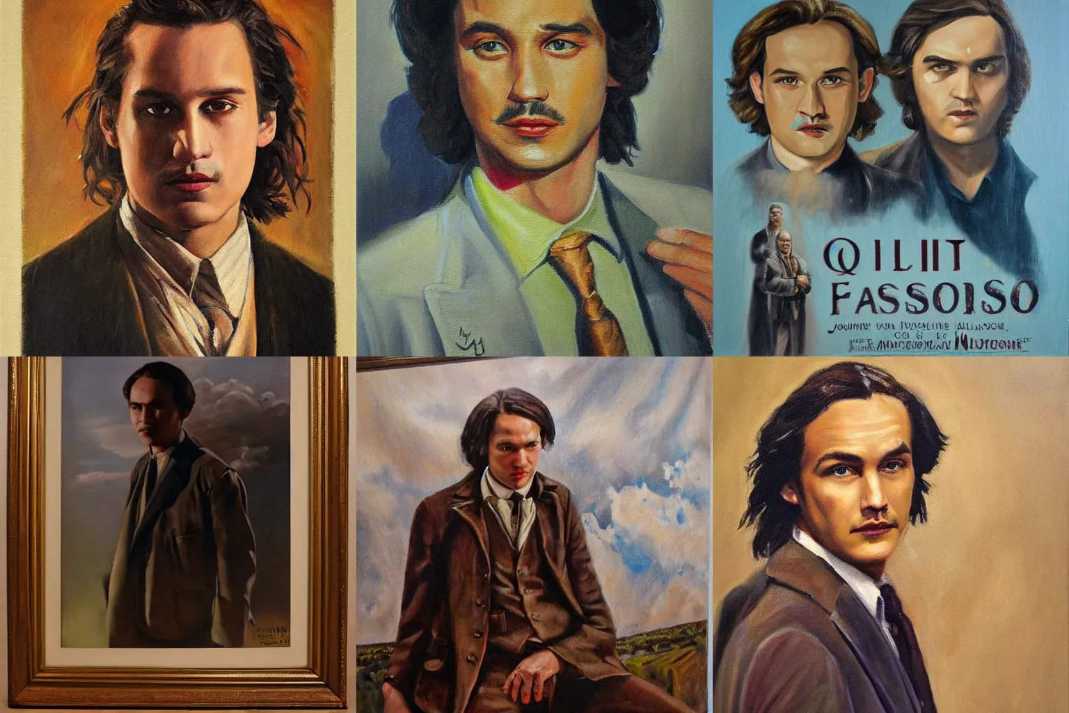 Prompt: oil portrait painting of joseph quinn as eddie munson, Frank Dillane, beautiful, William Goddard poster