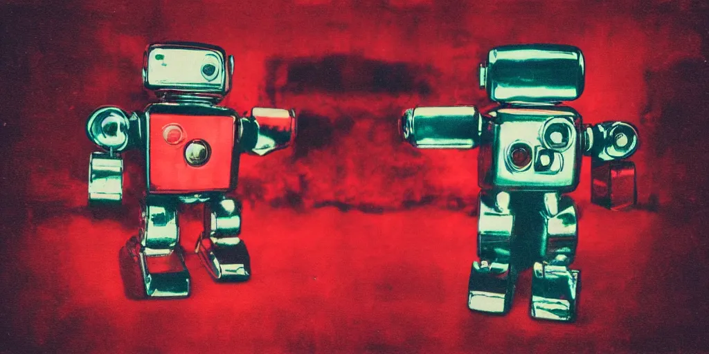 Prompt: analog vintage photography portrait polaroid of futuristic chrome robots, 2 d sprites, red color bleed, heavy film grain, bloom, glow