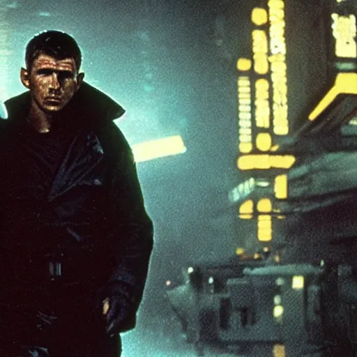 Image similar to film still blade runner Officer Deckard wearing techwear