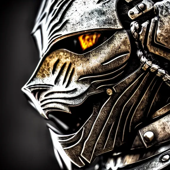 Image similar to photo of a warrior with metal tiger theme armour, 4 k, hdr, smooth, sharp focus, high resolution, award - winning photo