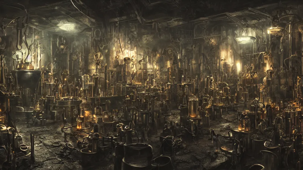 Image similar to dark wizards laboratory, ancient midevil, many tubes connecting many beakers, bronze steril feeling, realistic cinematic lighting, establishing action shot, ultra detailed, hyper realism, photo, octane render