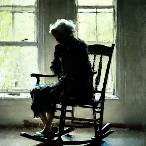 Image similar to lonely old woman sitting alone on rocking chair, painting by jeremy mann