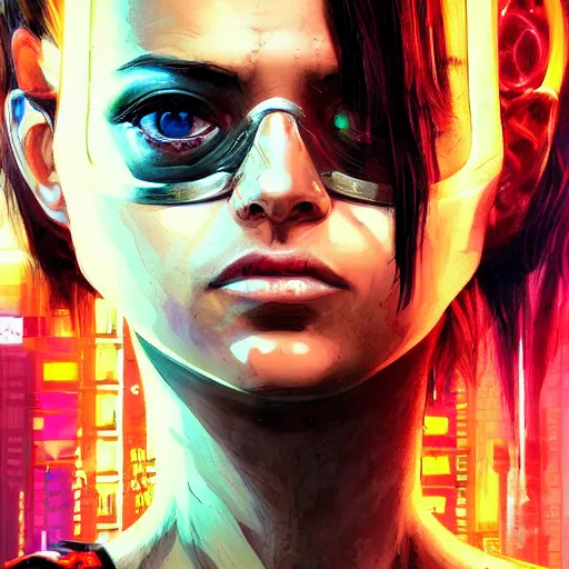 Prompt: a portrait of a neon cyberpunk young girl by sandra chevrier, detailed render, epic composition, cybernetics, 4 k realistic, cryengine, realistic shaded lighting, sharp focus, masterpiece, by matteo scalera, gary montalbano, peter elson in the style of the tokyo ghost comic