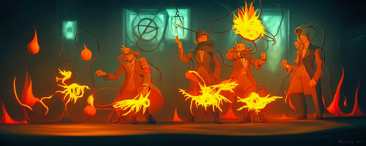 Image similar to wild alchemist mutants in a fiery alchemical lab deep in the imaginal sea, dramatic lighting, surreal fleischer cartoon characters, shallow dof, surreal painting by ronny khalil