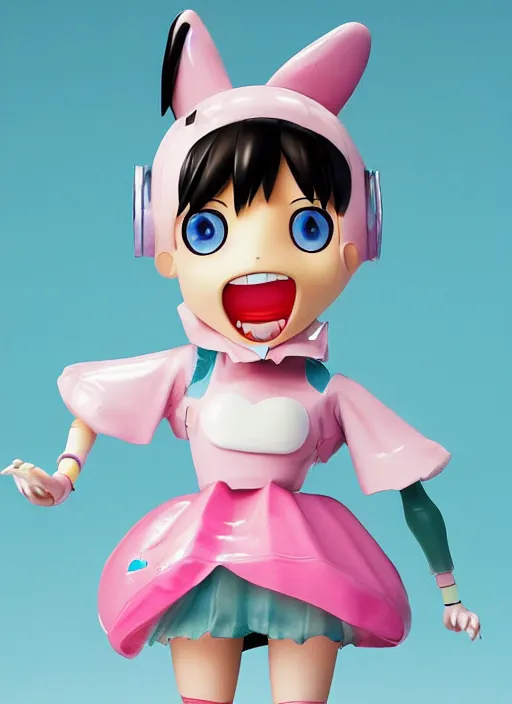 Prompt: a hyperrealistic lowbrow oil panting of a looney kawaii vocaloid figurine caricature with a big dumb goofy grin and pretty sparkling anime eyes featured on Wallace and Gromit by studio ghibli