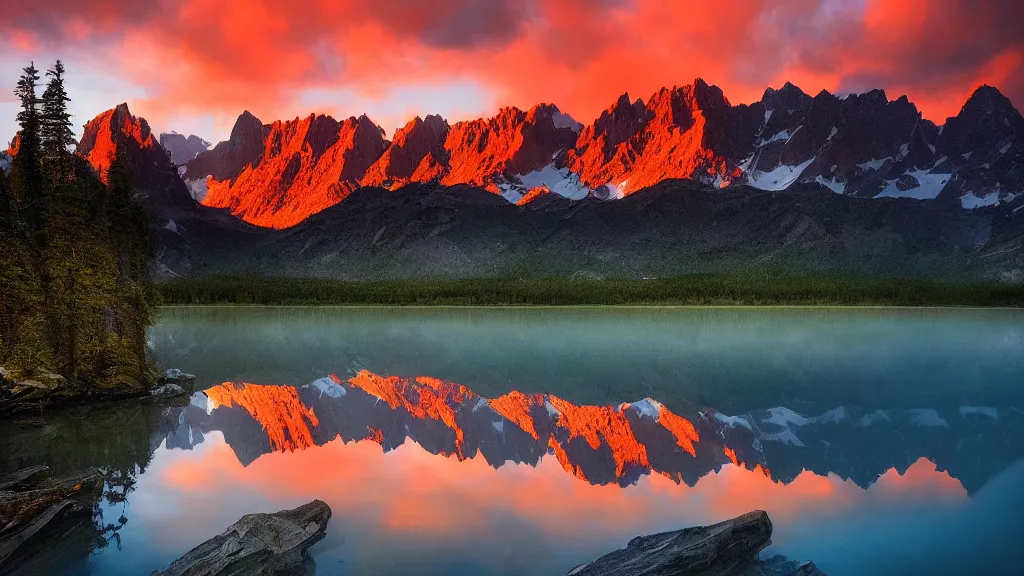 Image similar to amazing landscape photo of mountains with lake in sunset by marc adamus, beautiful dramatic lighting