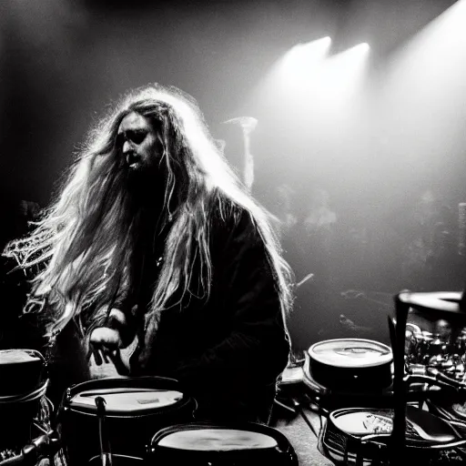 Image similar to award winning photograph of a blonde man with a goatee and long hair plays an amazing drum set, dramatic lighting,