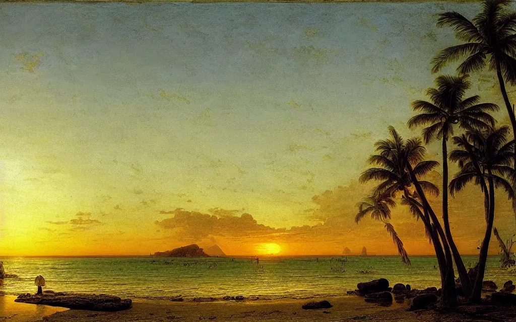 Prompt: a beautiful view of a tropical beach, clear seas, the sun is setting in the background, magical, stunning, art by caspar david friedrich and asher brown durand, intricate details, trending on artstationhq