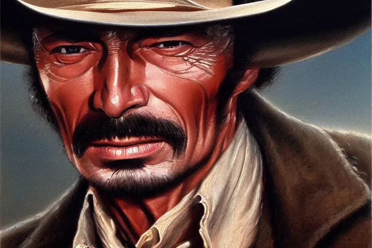 Image similar to close portrait of lee van cleef as a mean cowboy in pale rider ( 1 9 8 5 ). oil painting elegant, highly detailed, centered, digital painting, artstation, concept art, smooth, sharp focus, illustration, artgerm, tomasz alen kopera, peter mohrbacher, donato giancola, joseph christian leyendecker, drew struzan