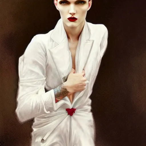 Image similar to beautiful portrait of androgynous ruby rose as desire from sandman in a white tuxedo!!!, rockabilly style, by alphonse mucha, cedric peyravernay, by jeremy mann, by frank moth, white suit and black tie, soft lightning, high detailed, 8 k