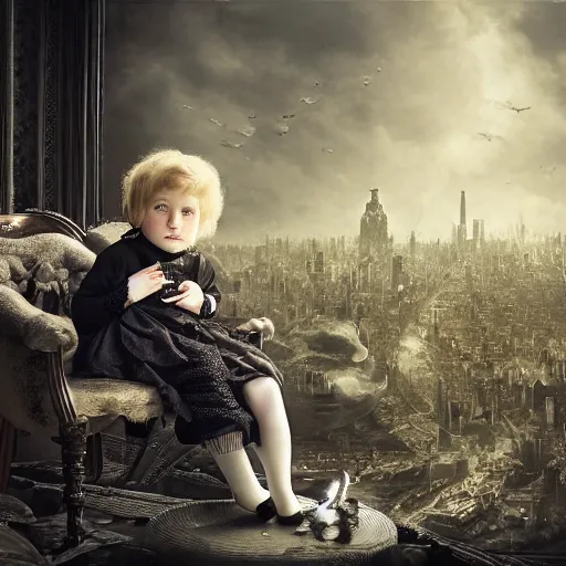 Prompt: a photo of young sad victorian gothic child with big eyes and wide grin sitting on a sofa of bones surrounded by a cyber futuristic cityscape made of human body parts, ultra detailed, 8 k resolution, beautiful lighting, expansive detailed layered city, landscape, sigma 8 5 mm, award winning photography